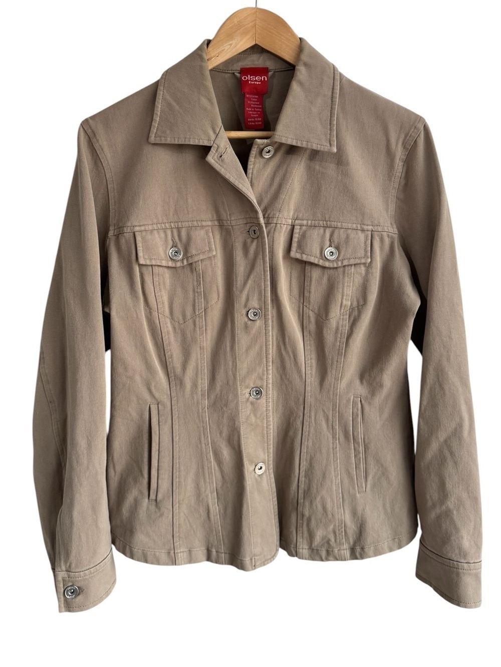 Olsen Europe Stretch Cotton Jacket Womens Sz 10 Taupe Button Front Neutral Coat